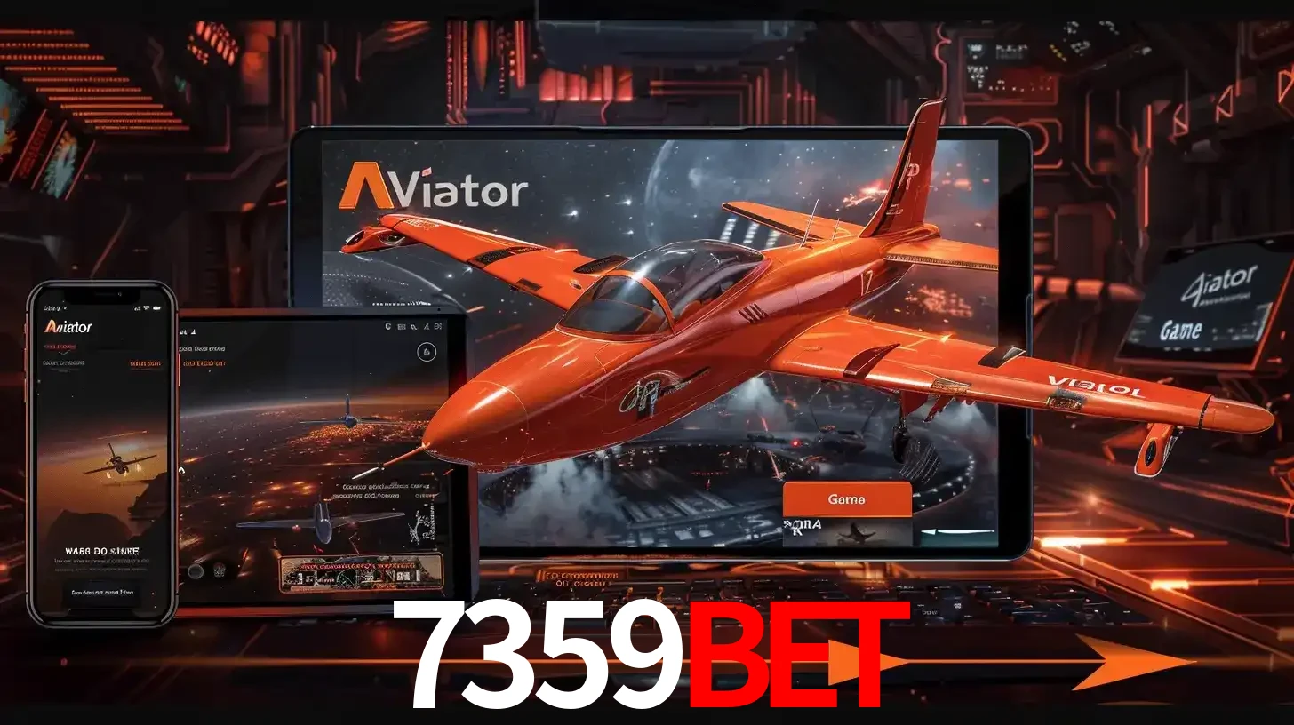 Apresentação tecnológica do jogo Aviator com um avião saindo da tela de um tablet, demonstrando a experiência imersiva em múltiplos dispositivos no 7359BET.