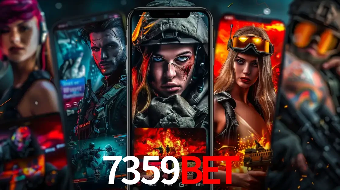 Montagem de telas de celular mostrando diversos personagens, masculinos e femininos, de um jogo de tiro, ilustrando a diversidade de equipes de e-sports para apostar no 7359BET.
