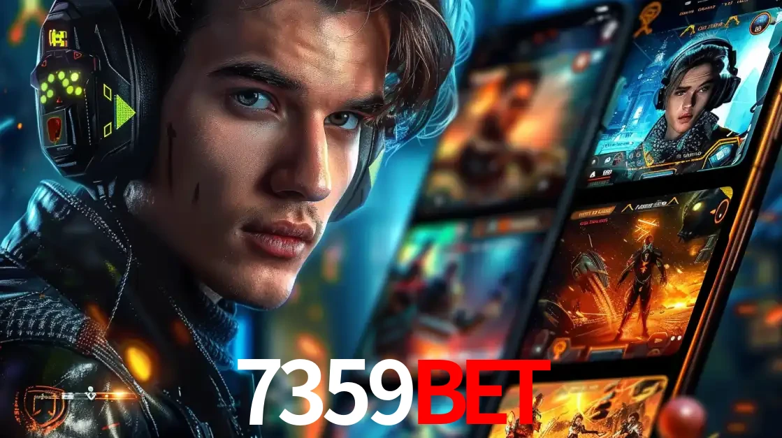 Jovem jogador com fones de ouvido olhando para a câmera, com um aplicativo de jogos e e-sports para celular ao fundo, pronto para a competição e apostas no 7359BET.