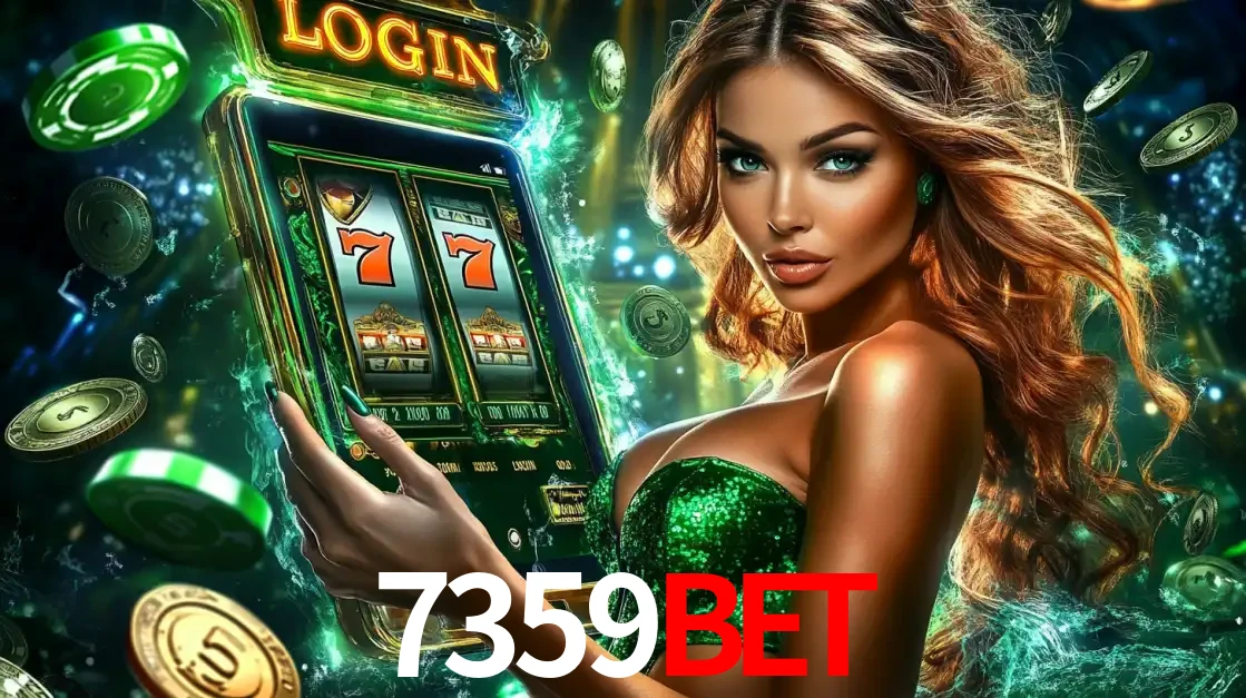 Mulher com tema verde apresentando o aplicativo do cassino 7359BET com um jogo de slot de 777, cercada por fichas de cassino e uma aura de sorte.