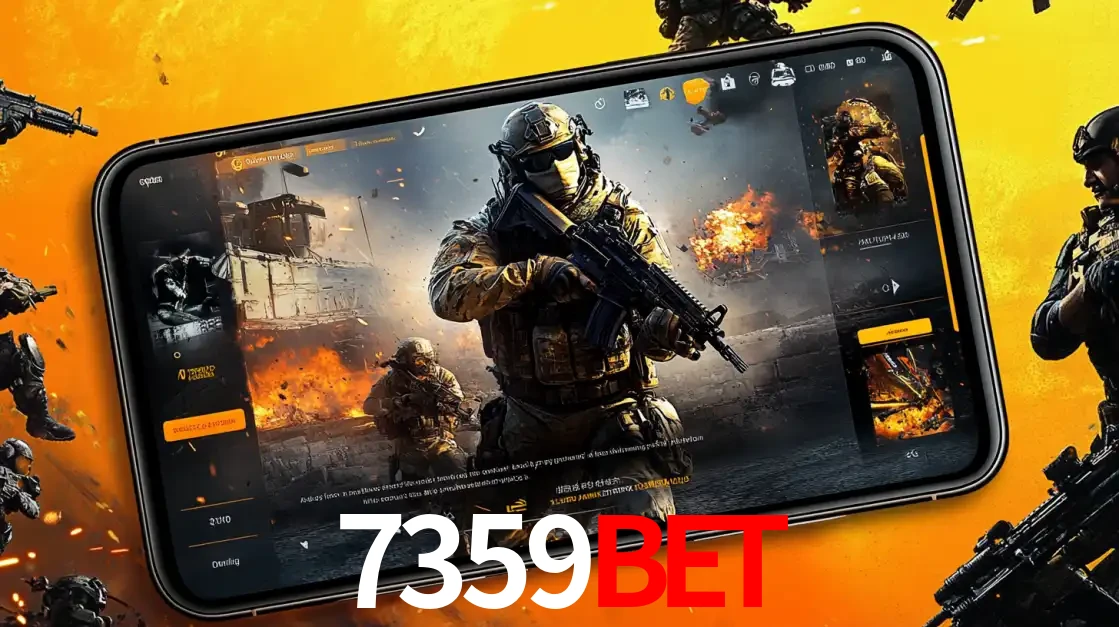 Um smartphone exibindo a interface de um jogo de tiro em primeira pessoa, com um soldado em um cenário de batalha, representando a ação dos e-sports para apostar no 7359BET.
