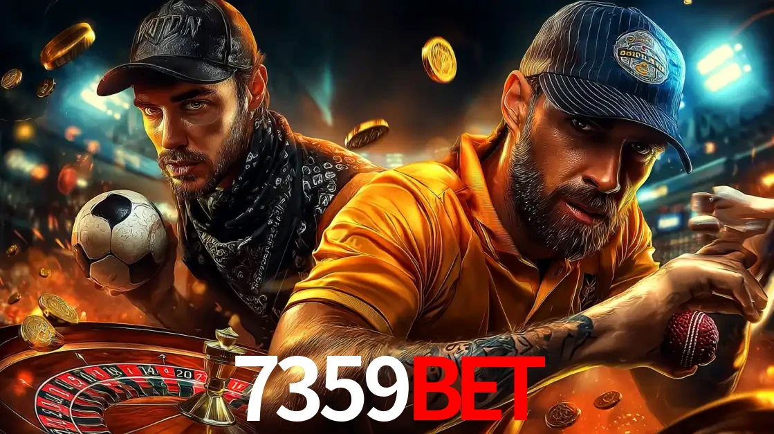 Montagem de apostas esportivas e cassino no 7359BET, com um homem segurando uma bola de futebol e outro uma de beisebol sobre uma roleta e moedas voadoras.