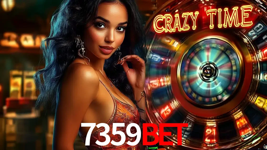 Mulher elegante ao lado da vibrante roda da fortuna do jogo de cassino ao vivo Crazy Time, um dos game shows mais populares e cheios de prêmios do 7359BET.