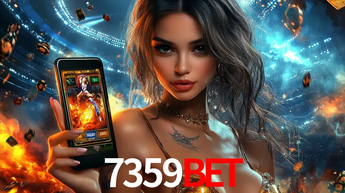 Mulher segurando um celular com um jogo de slot em destaque, tendo como fundo um estádio vibrante, simbolizando a emoção de jogar no cassino móvel 7359BET.