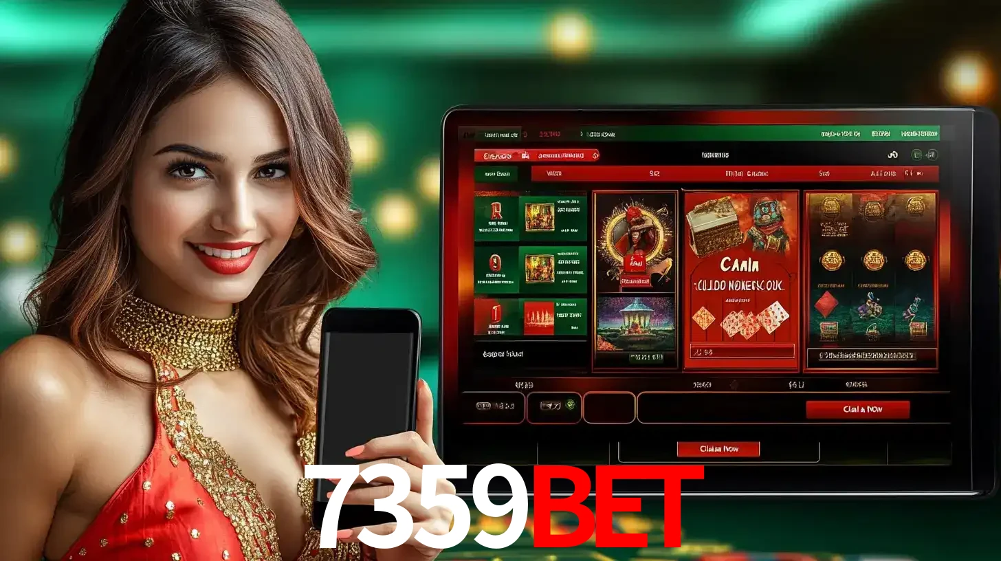 Mulher sorridente segurando um smartphone, ao lado de uma tela exibindo o lobby de jogos do cassino online 7359BET, com várias opções de jogos de cartas e slots.